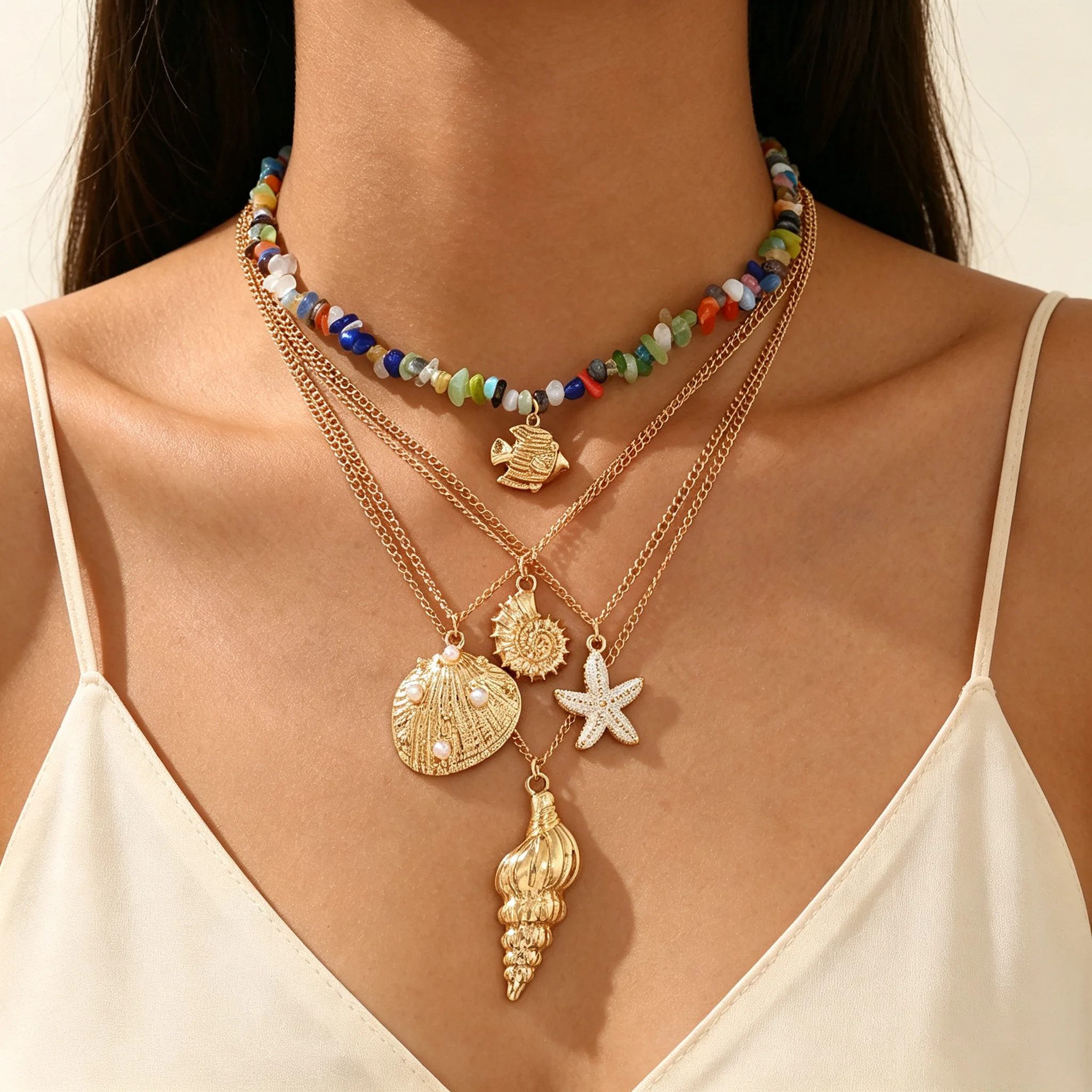 Multicolor Stone Multi Layer Ocean Pendant Necklace Seashell Starfish Conch Stacked Neck Jewelry for Summer Beach Party