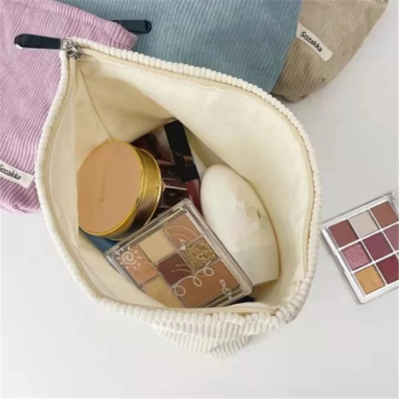 Corduroy Travel Cosmetic Bag Portable Makeup Storage Bags Purses   Women Large Capacity Zipper Make Up Organizer Storage Pouch