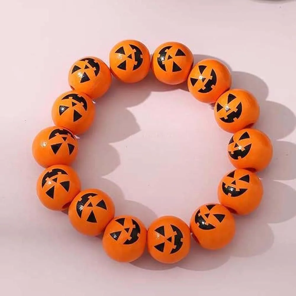 Spider Jewelry Elastic Halloween Bracelet Stretchy Beaded Pumpkin Beads Bracelet Wooden Round Wood Wristband Party