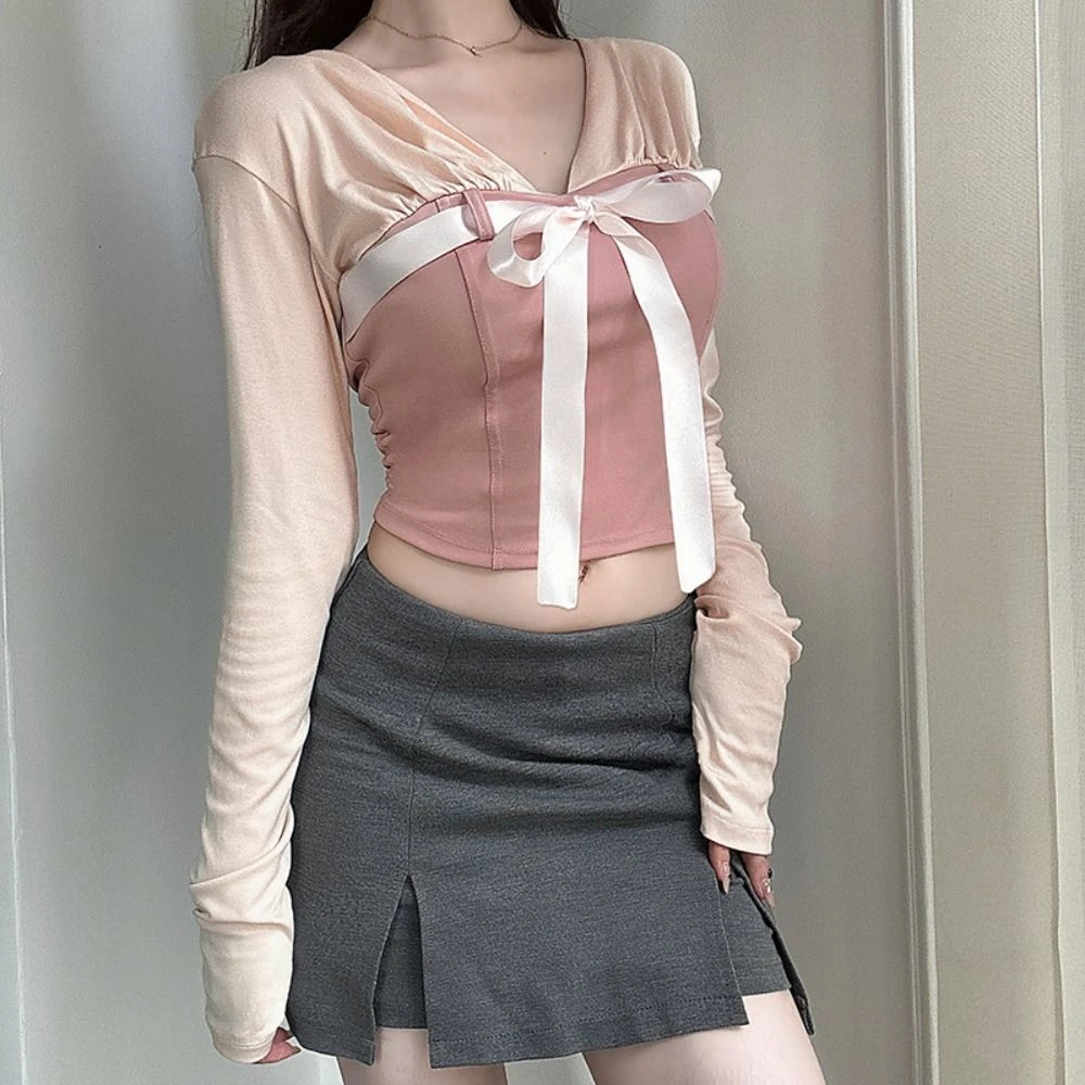 

Elegant Tight Long Sleeve T Shirt Chic Patchwork Sweet Bowknot Crop Top Lace-up Y2K V Neck Shirt Top Spring Autumn