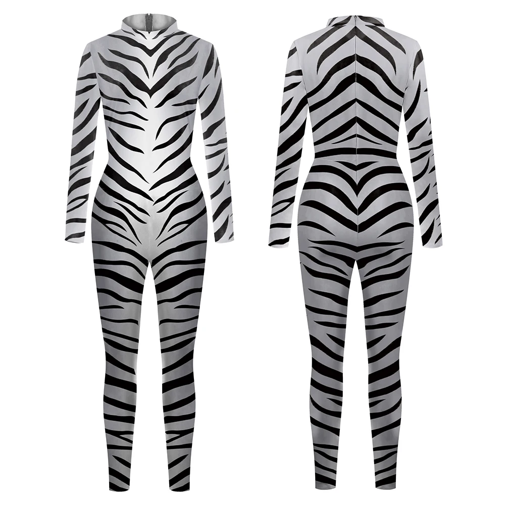 Wzór zebry kombinezon Halloween Zebra przebranie na karnawał Zebra obcisłe body zwierząt Cos kombinezon dla dorosłych z długim rękawem Zentai