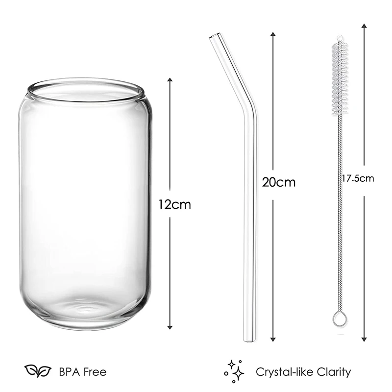 Drinking Glasses 4pc Set - Can Shaped Glass Cups, 400ml Beer Glasses, Tumbler Cup, Cocktail Glasses, Whiskey Glasses With Straws