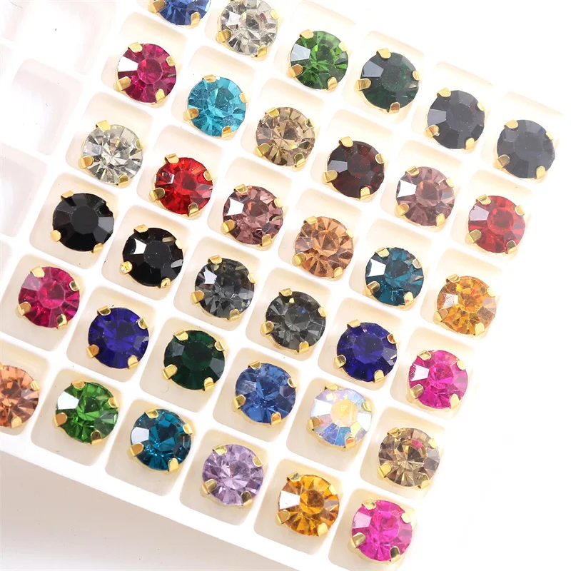 4mm-8mm brokatowe szklane cyrkonie do szycia ze złotą podstawą okrągłe kryształowe kamienie Strass do diamentowej biżuterii ubrania diy