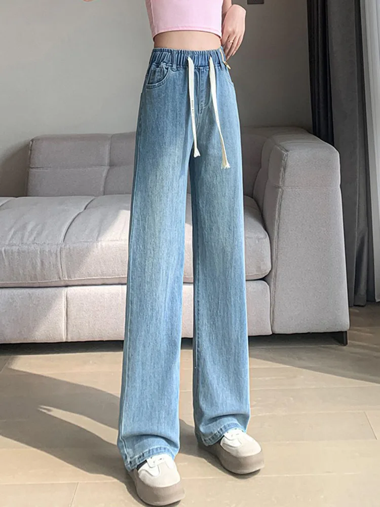 Women Casual Loose Wide Leg Jeans Korean Fashion Vintage Elastic High Waist Straight Denim Pants Streetwear Solid Baggy Vaqueros