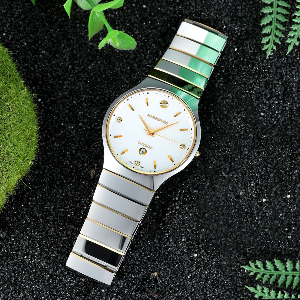 Johnboss круглые ультратонкие часы из вольфрамовой стали диаметром 8 мм, мужские швейцарские кварцевые часы, часы с сапфировым стеклом, деловой диаметр