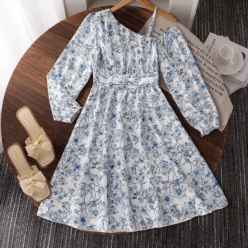 Girls 8-12 Spring Summer Long Sleeve Floral Dress, One Shoulder Strap Smocked Waist Flowy A-Line Casual Daily Sundress for Kids
