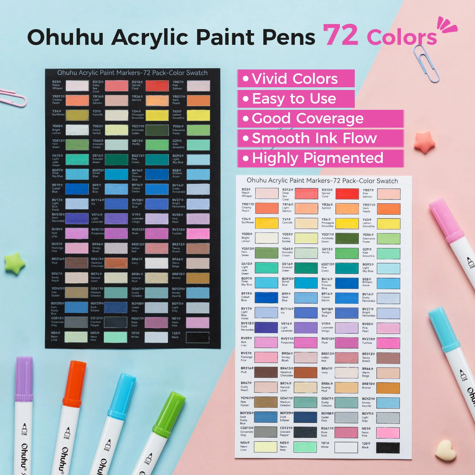 Ohuhu Acryl-Farbmarker mit Baumwollkern, 72 Farben, Doppelspitzen, Hochdeckende Acrylstifte, Wasserfest, Lichtbeständig, zum Zeichnen – Detail 11