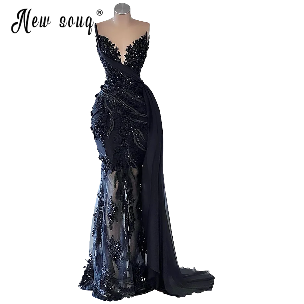 Elegancka czarna koronkowa suknia wieczorowa typu syrenka V Neck zaręczynowy formalna sukienka szaty De Soirée dubaj arabski zroszony suknie balowe