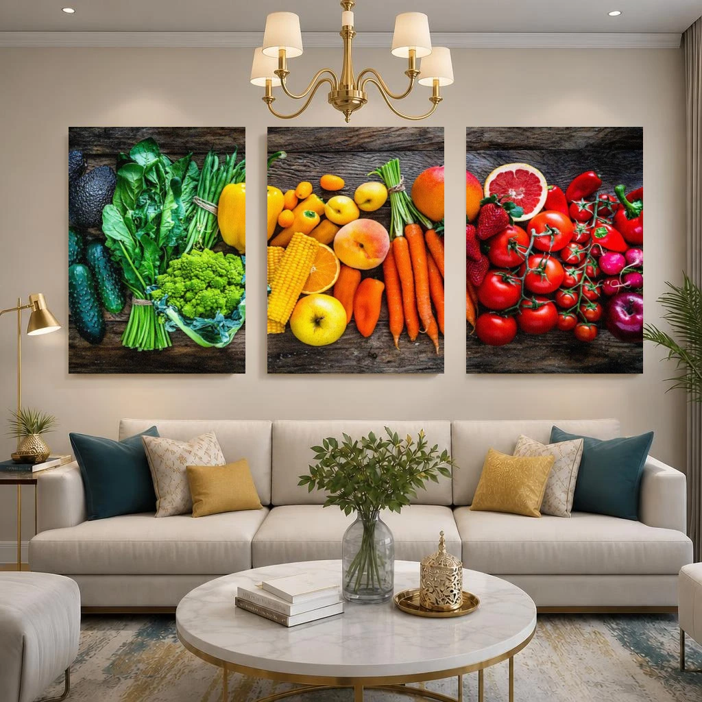 2D Flat, 3pcs Modern Farmhouse Wall Art Platter - Frameless Suitable for Living Room, Bedroom, Kitchen Decor with Fresh Fruit