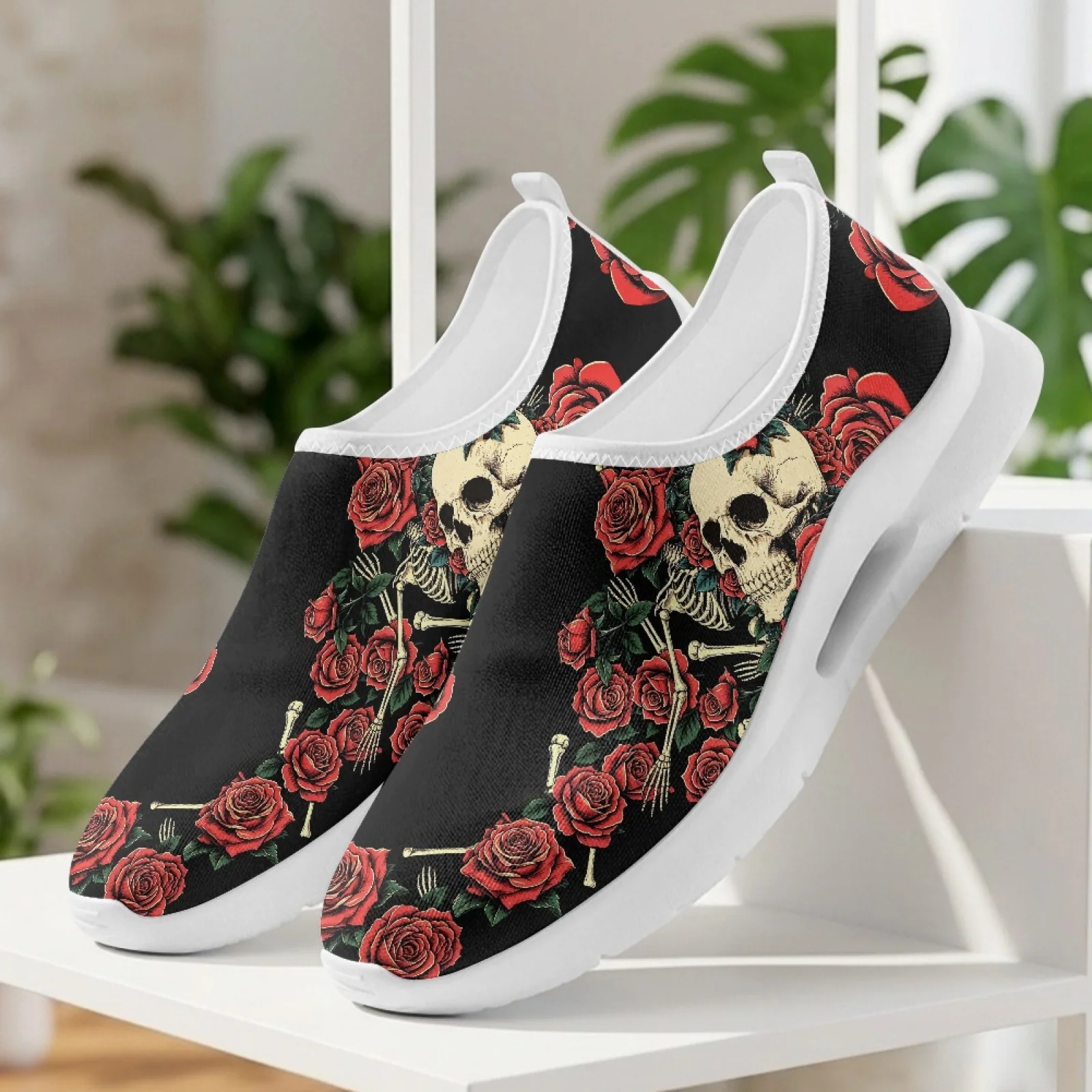 XIXIRIMIDO Women Casual Shoes Slip On Walking Sneakers Nurse Shoes Mens Gym Workout Shoe Breathable Comfortable Soft Rose Skull