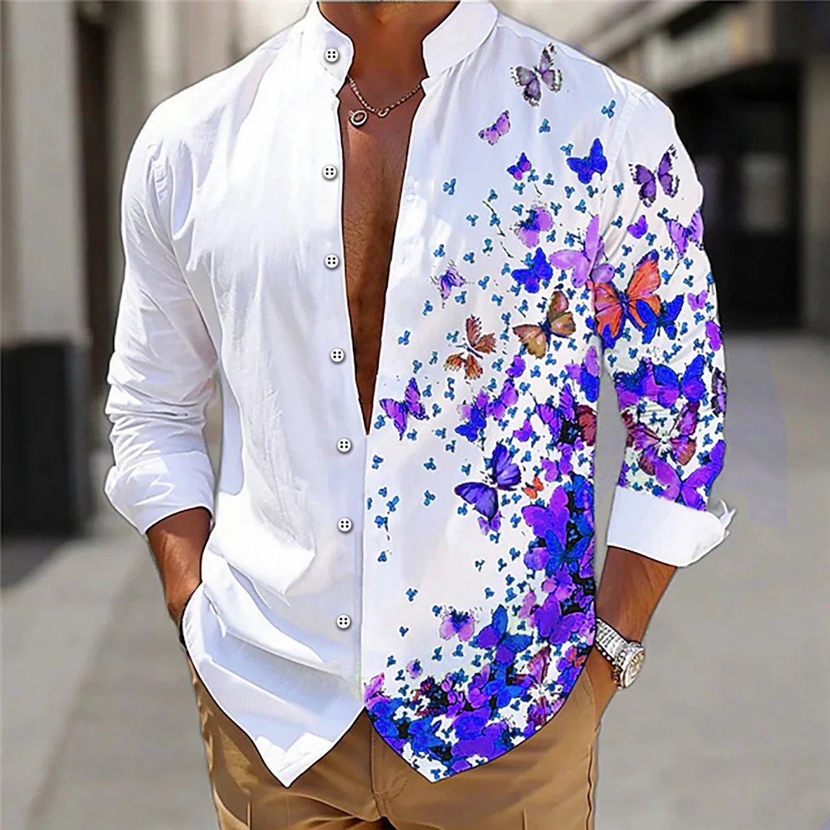 Men\'s Shirt Butterfly Pattern 3D Printing Stand Collar Daily Casual Long Sleeve Shirt XS-6XL Fast Shipping