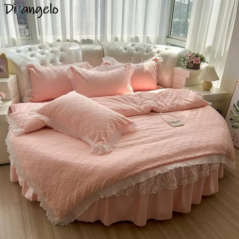 Solid Color Round Bed Bedding Set Bed Linen Mattress Cover Duvet Cover Fitted Sheet Elastic Band Protector Home Hotel Decor #/