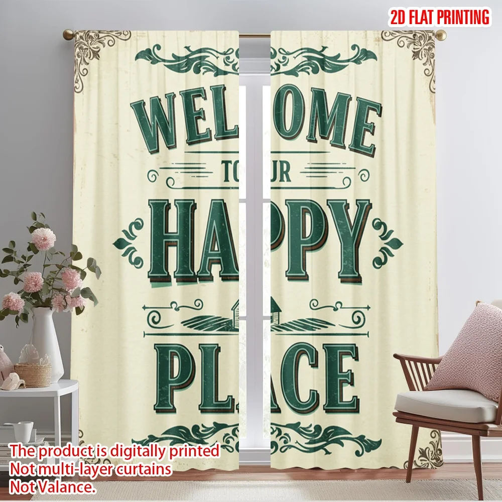 

2pcs 2D flat printing Window Drapes Welcome Happy Place Home Polyester Fabric Without Electricity All Season Party & Holiday
