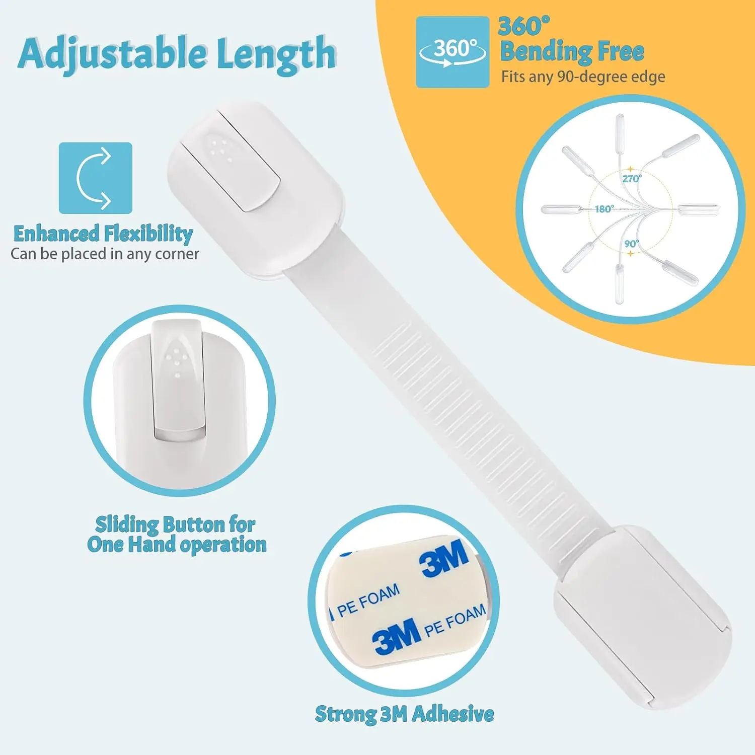 2-piece child safety lock，adjustable 3M adhesive cabinet lock，no drilling，versatile，suitable for kitchen，bathroom，and bedroom