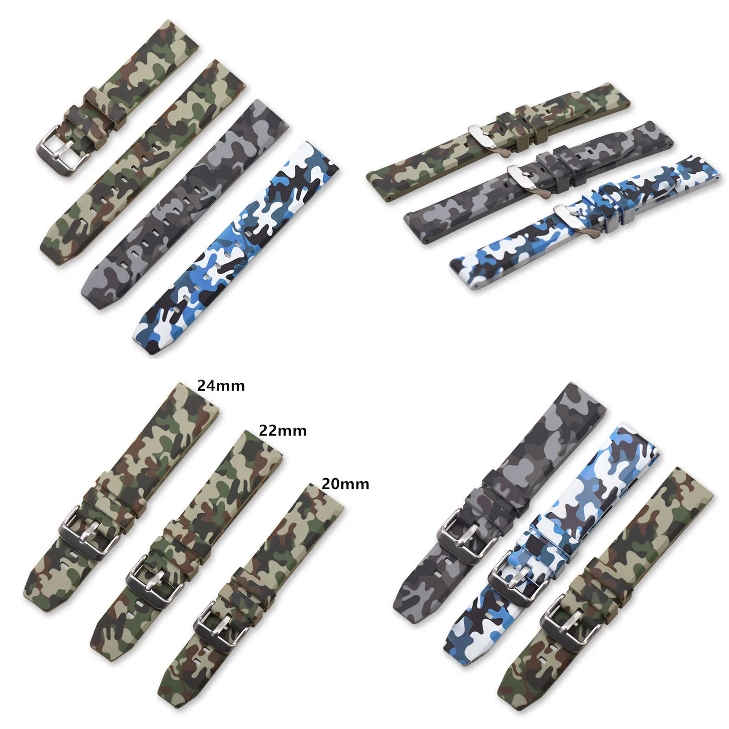 20mm 22mm 24mm Soft Silicone Watch Band Bracelet Camouflage Rubber Watch Strap Quick Release Replacement Wristbands