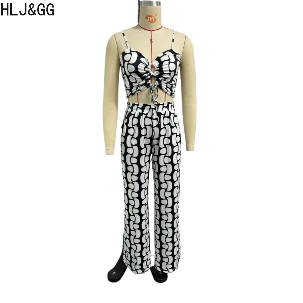 HLJ&GG Black Sexy Hollow Out Bandage Wide Leg Pants Two Piece Sets Women Thin Strap Sleeveless Crop Top And Pants Outfits 2024