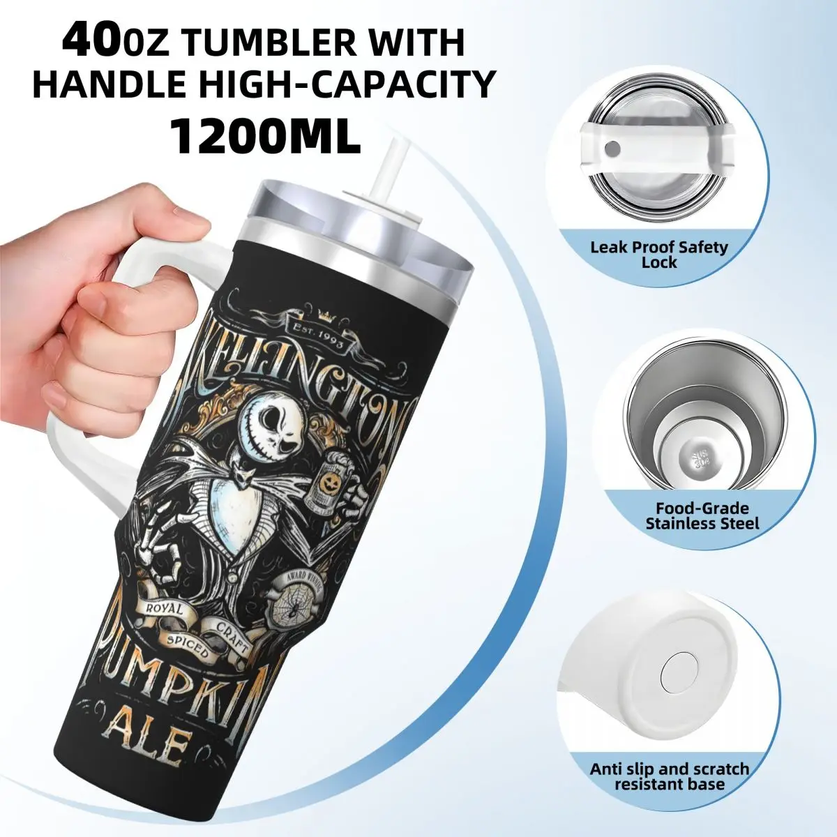 Nightmare Before Christmas Jack Stainless Steel Tumbler Thermal Cups With Straws and Lid 40oz Mugs Cup Cold Drink Water Bottle