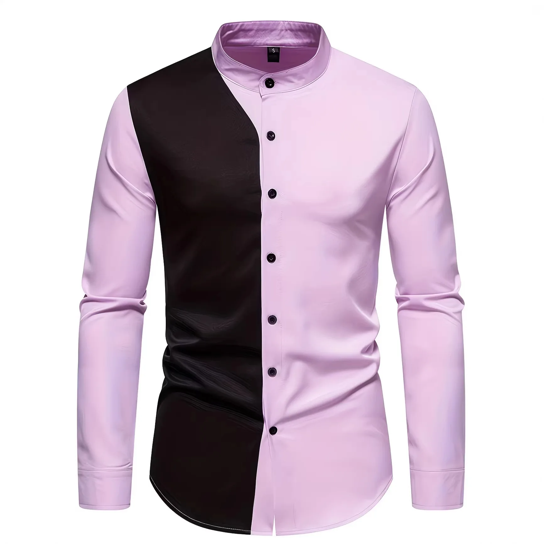 Men's Henry Collar Color Matching Long Sleeve Shirt Slim-fit Color Matching Business Shirt Four-sided Elastic Printing Shirt