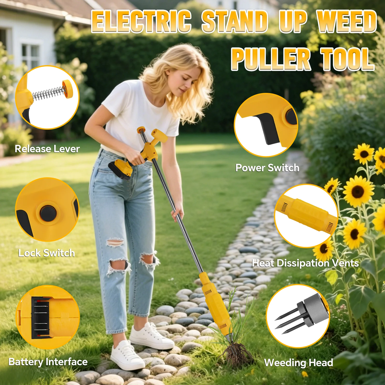 Electric Weed Puller Tool Stand Up Cordless Garden Weeder Hand Lawn Weed Remover Grass Root Puller for Dewalt 20V Battery Pin