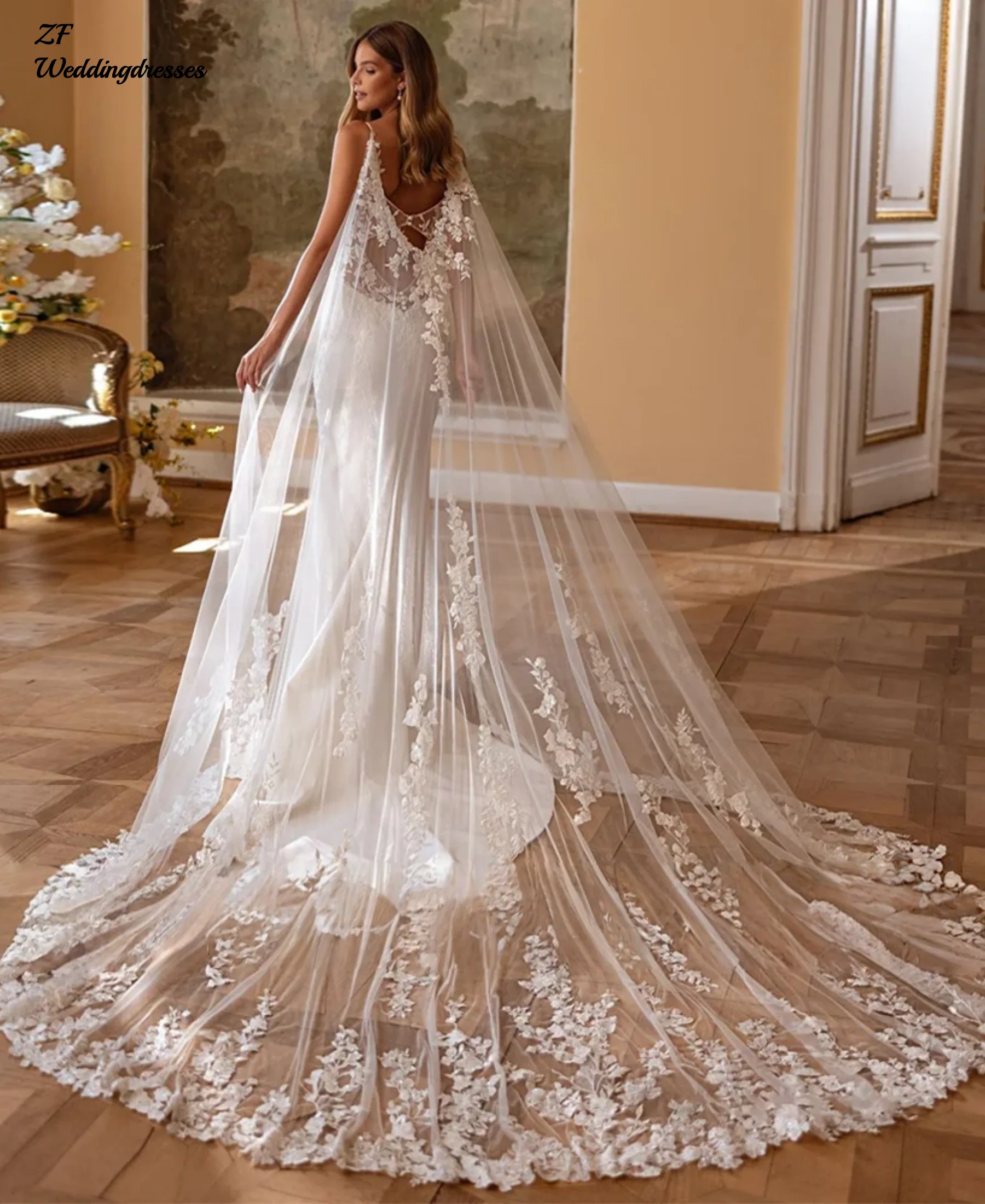 Customzied Sexy Mermaid Wedding Dress with Tull Cape Spaghetti Straps V Neck Sequined Applique Bride Gown vestido de novia