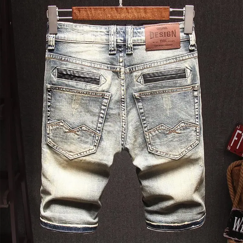 Designer Cowboy Luxury Clothing Punk Vintage Denim Knee-Length Shorts for Men Casual Summer Fashion Distressed Short Jeans Man
