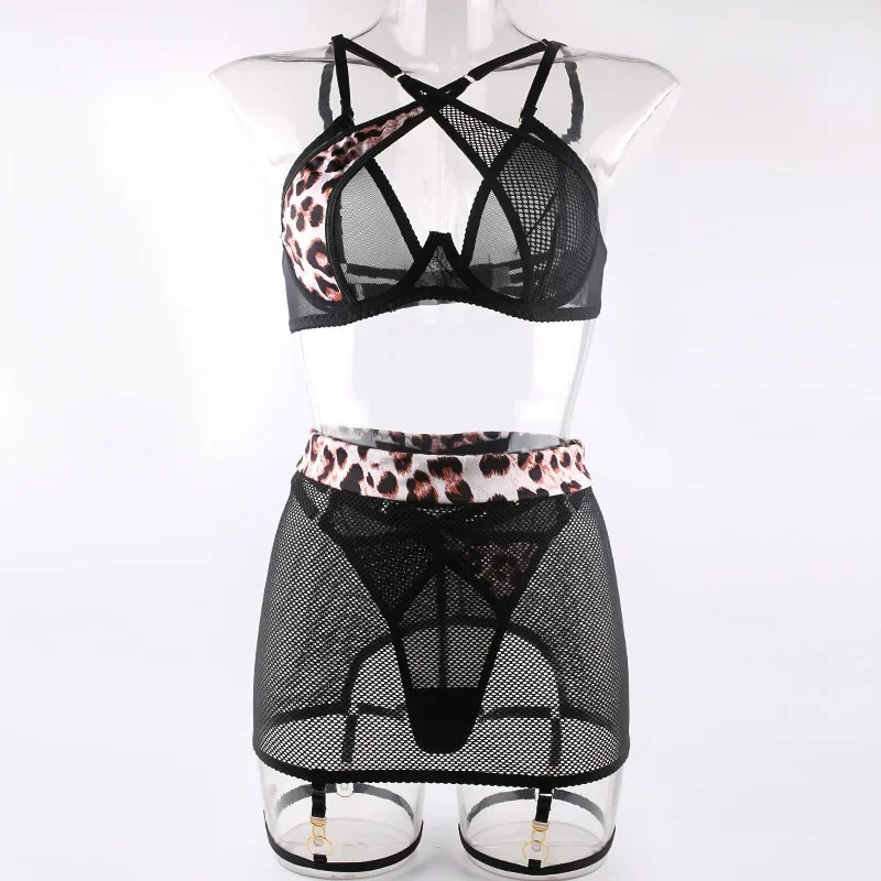 Lenceria الاباحية مثير ليوبارد طباعة الصدرية شبكة شفافة مجموعة الملابس الداخلية الفاخرة مثير مع Underwire