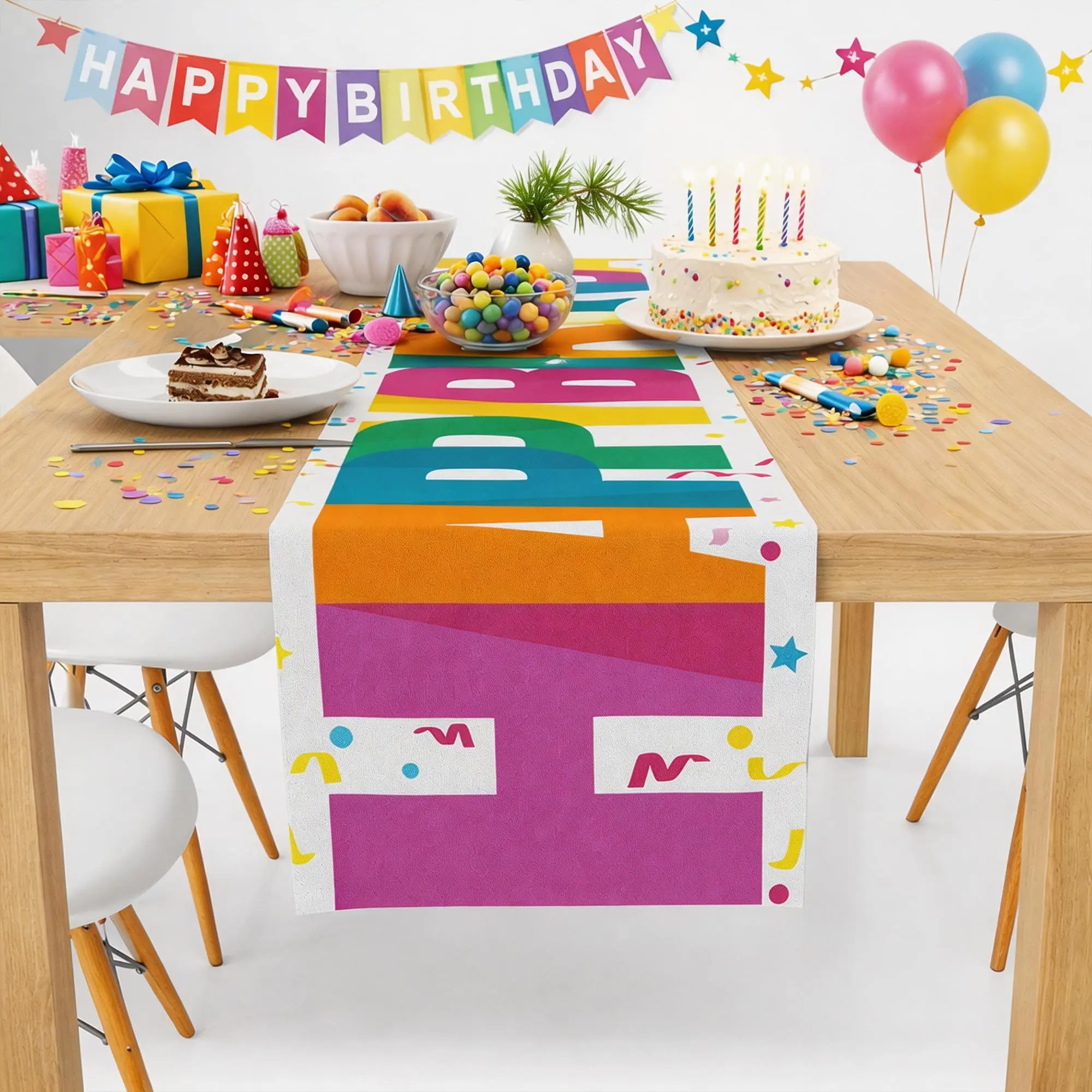 Happy Birthday Table Runner Colorful Letter Print Tablecloth, Birthday Party Table Decoration, Kids Adult Birthday Celebration