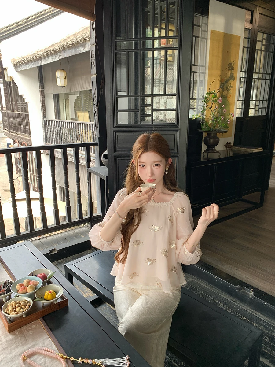 

NMIOK Chinese Sle Heavy Work Sequin irt Women Summer Lightweight Ele Agel Beautiful Top Loose Fit Lantern Sve