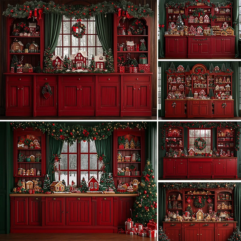 

LS Photography Background Christmas Red Kitchen Window Winter Xmas Tree Kids Family Portrait Decor Backdrop Photo Studio