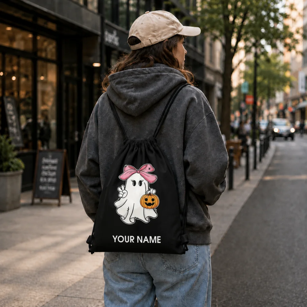 Personalized Name Halloween Ghost Drawstring Bag Bow Pumpkin Kids Trick Or Treat Sack Backpack 34x41cm