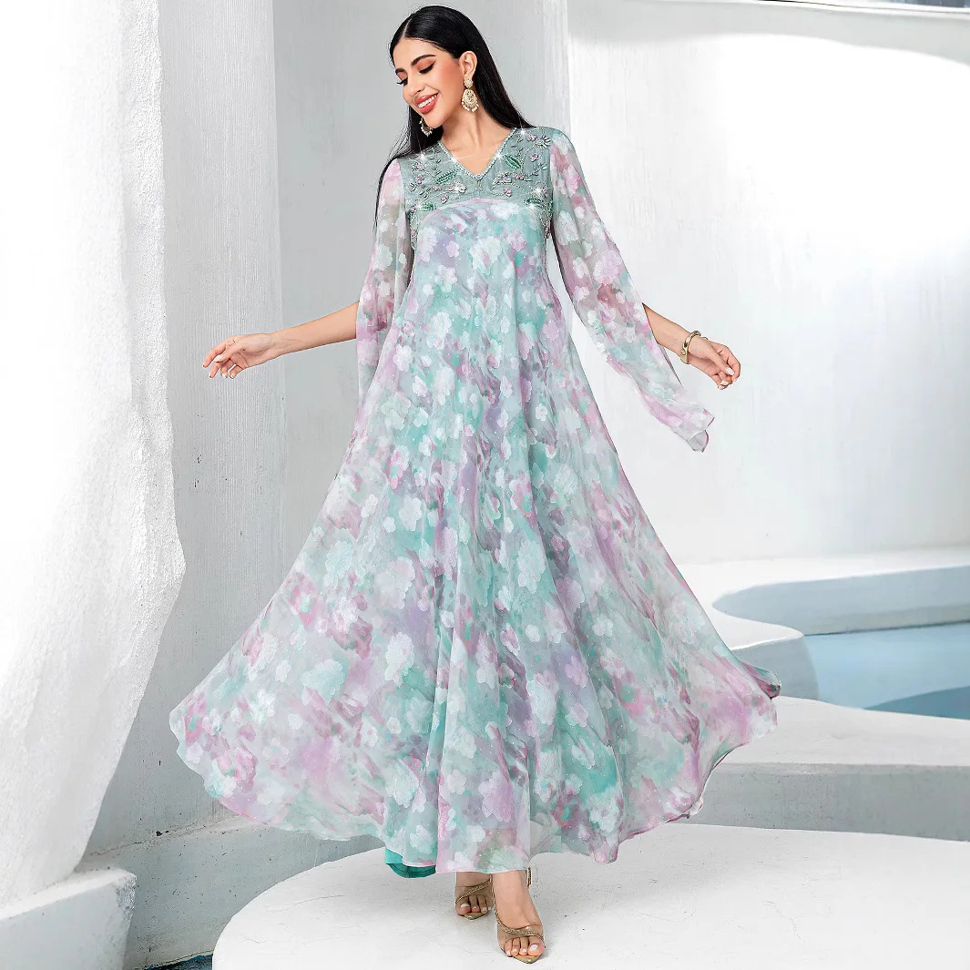 Middle East 2026 Muslim New Fashion Women's Casual Trendy Elegant Flare Sleeve Loose Diamond A-line Dresses Female Abaya Clothes