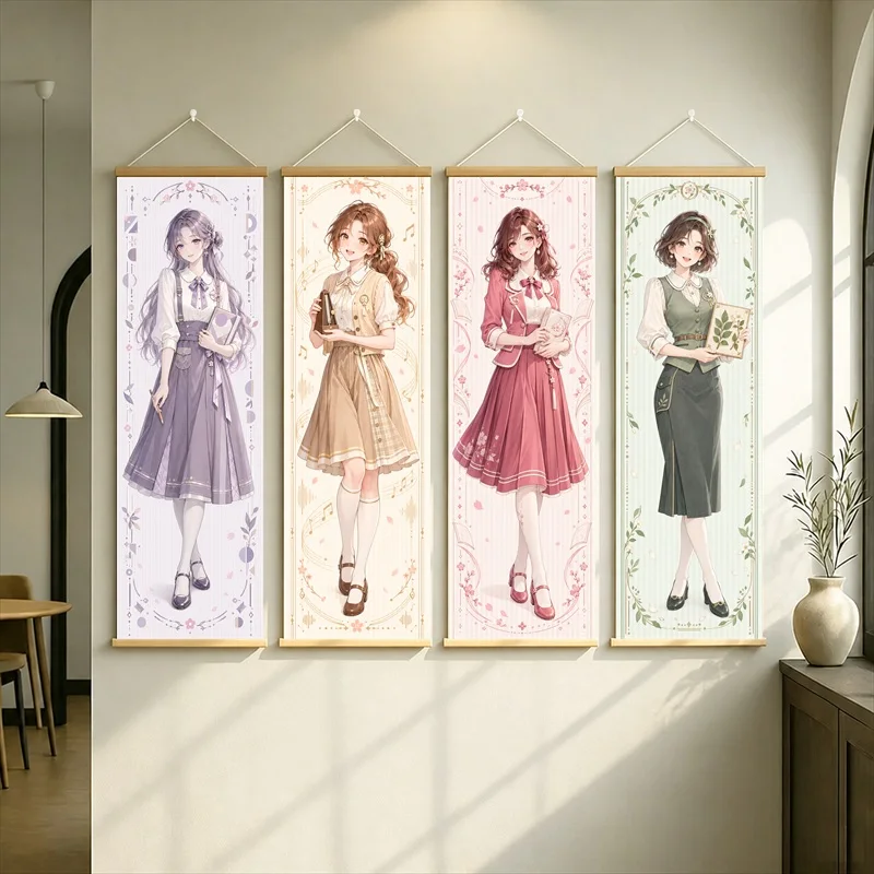 Anime Women in Purple, Tan, Rose and Green Outfits Hanging Scroll in a Gentle Floral Illustration Style for a Reading Nook