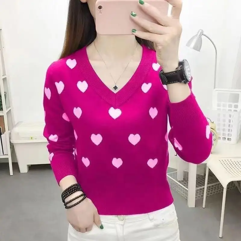 Fashion V-Neck Spliced Casual Sweaters Women\'s Clothing 2024 Spring New Loose Knitted All-match Pullovers Korean Tops