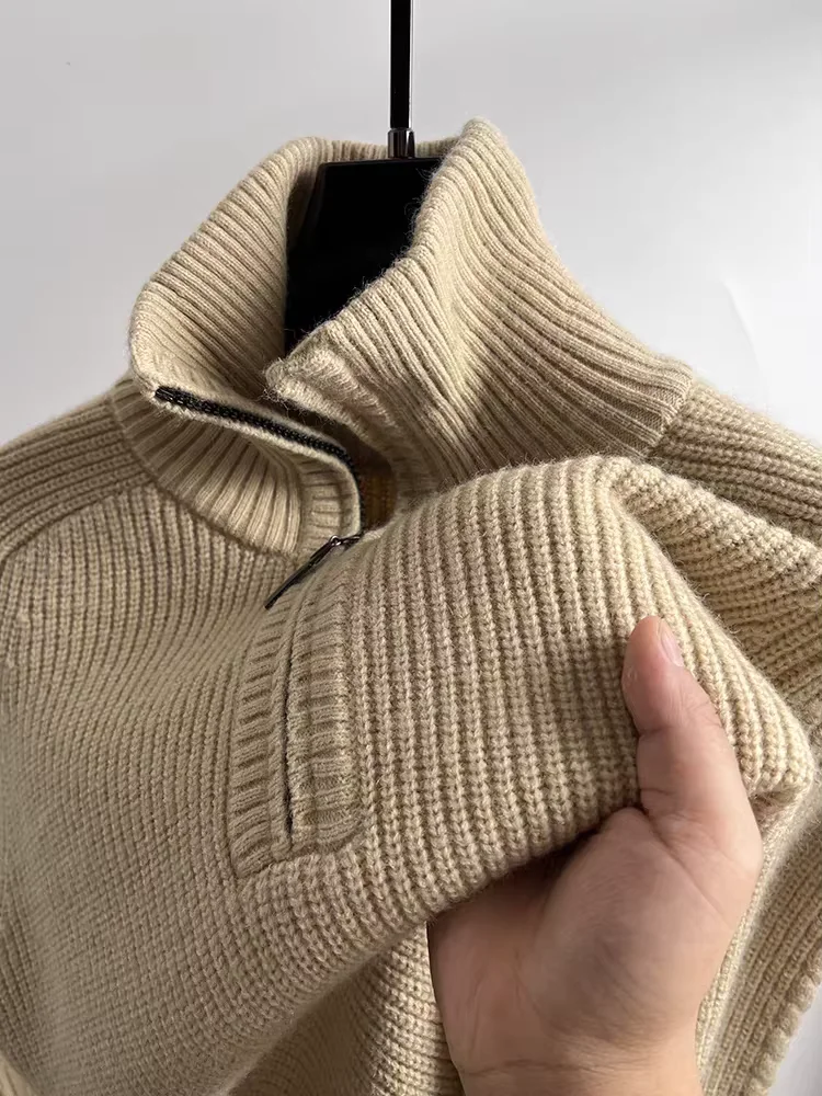 Pull en tricot épais semi-zippé pour hommes, col haut, monochromatique, décontracté, chaud, boutique, marque de mode, haute qualité, hiver