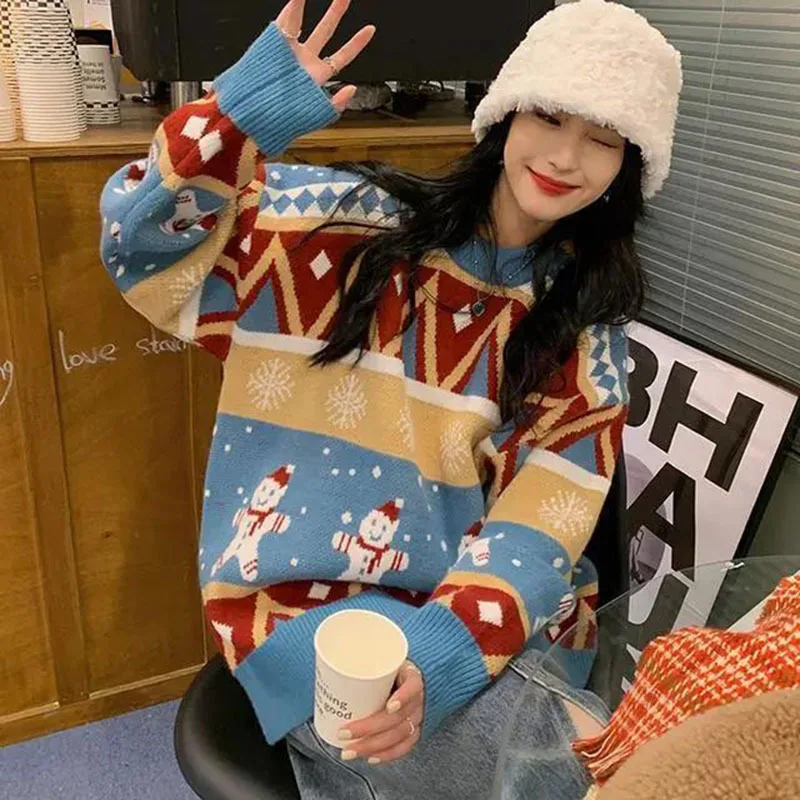 2023 Autumn and Winter Women's Contrast Round Neck Long Sleeve Loose Pullover Knitted Sweater Fashion Casual Formal Tops