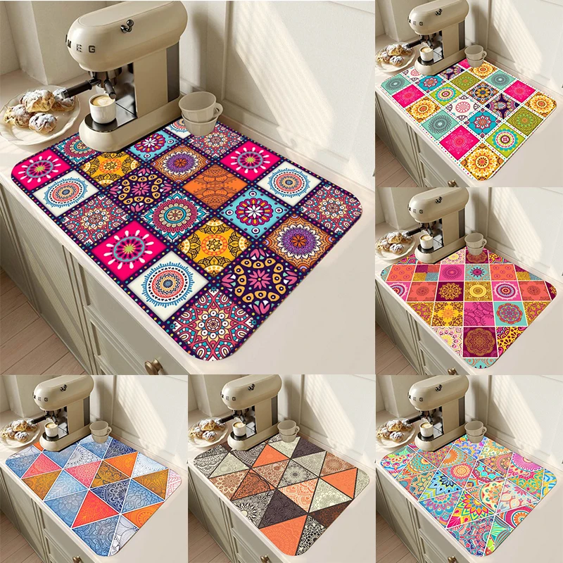 Coffee Maker Mat Retro Mandala Style Dish Drying Mats for Kitchen Non-slip Draining Pad Quick Dry Tableware Placemat  Washable