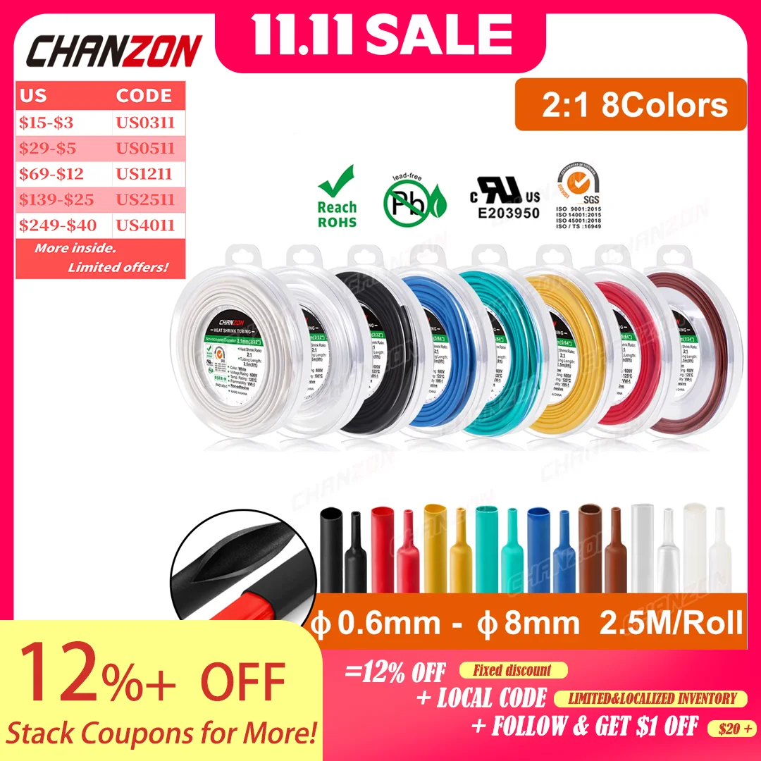 

2.5M/Roll 8 Colors 0.6 - 8mm Heat Shrink Tubing Shrinking Wrap Tube White Black Clear Wires Protector Heat-shrink Cable Sleeve