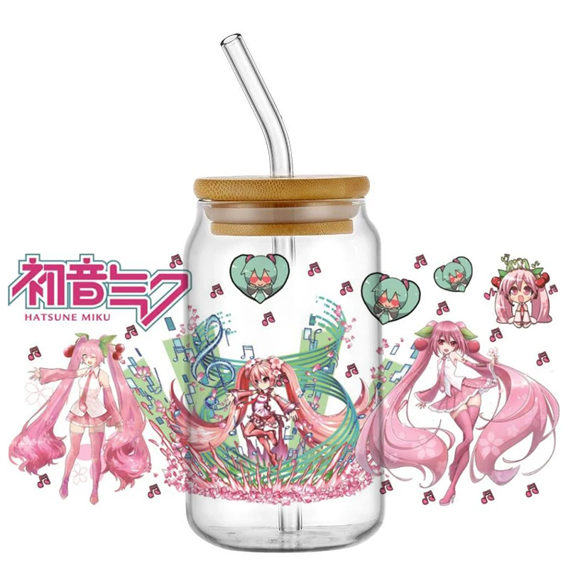 Hatsune Miku UV DTF Cup Wrap 16oz Uvdtf Bottle Glass DIY Selfadhesive Washable Transfer Stickers Durable Glass Car Decals view 3