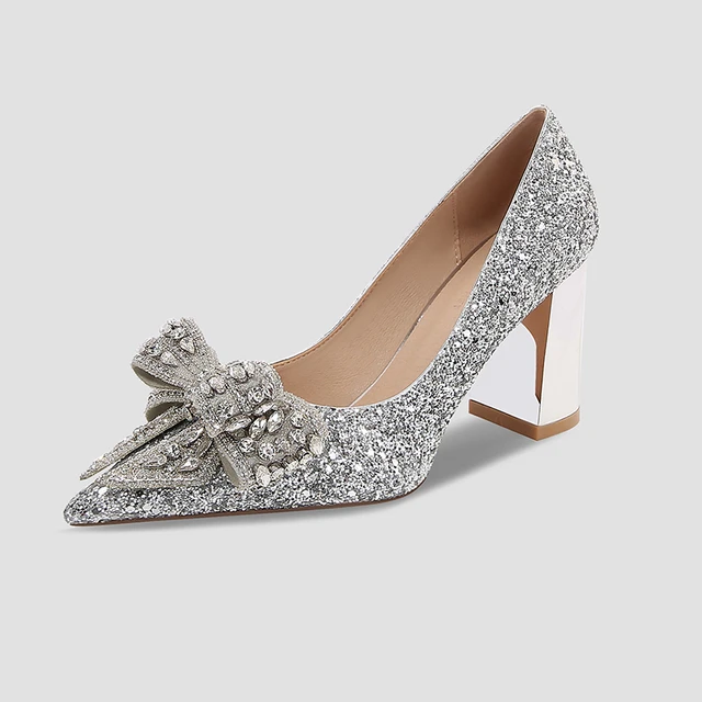 Gold bow high heels women s block heel silver crystal bridesmaid shoes wedding shoes single shoes AliExpress 322