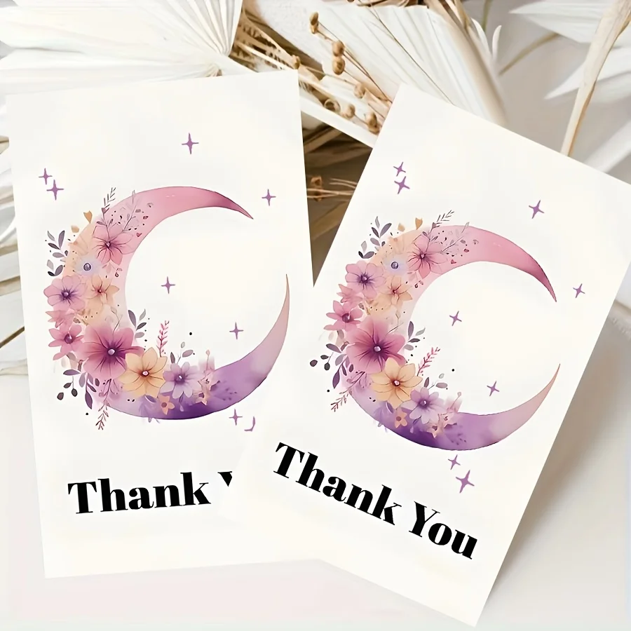 50PCS Purple Moon and Flower Matching Design Gift Thank You Cards, Used for Souvenirs, Birthdays, Parties, and Other Occasions