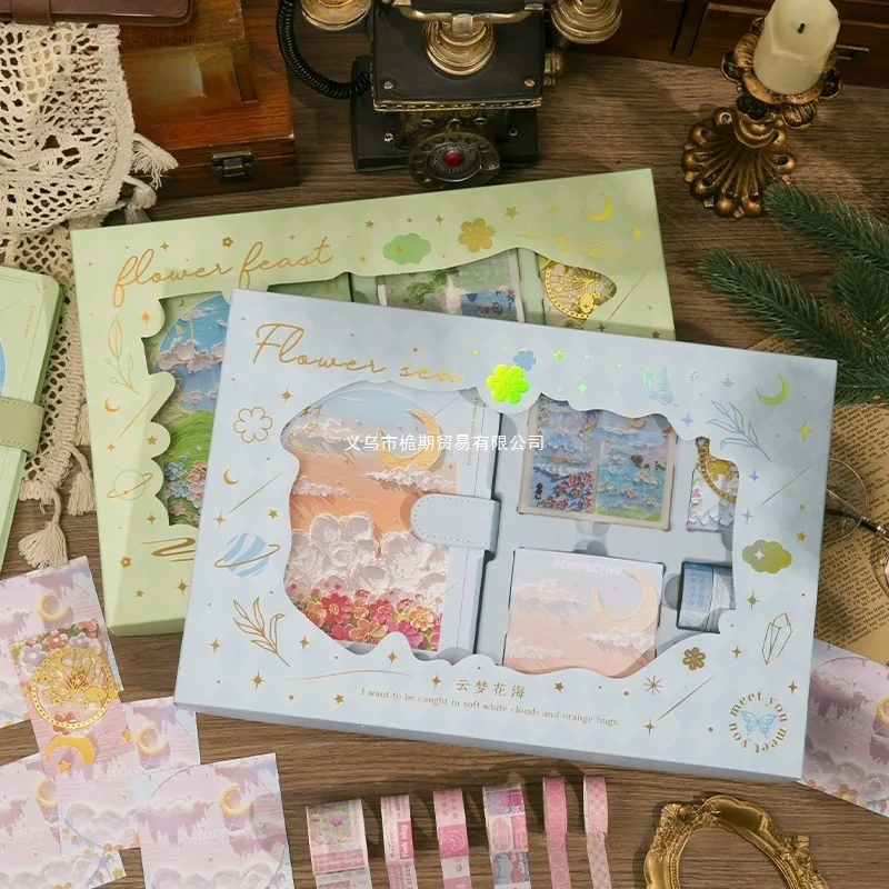 Oil Painting Style Hardcover Journal Gift Box Set Magnetic Buckle Notebook with Stickers Washi Tape Bookmarks Sticky Notes 192
