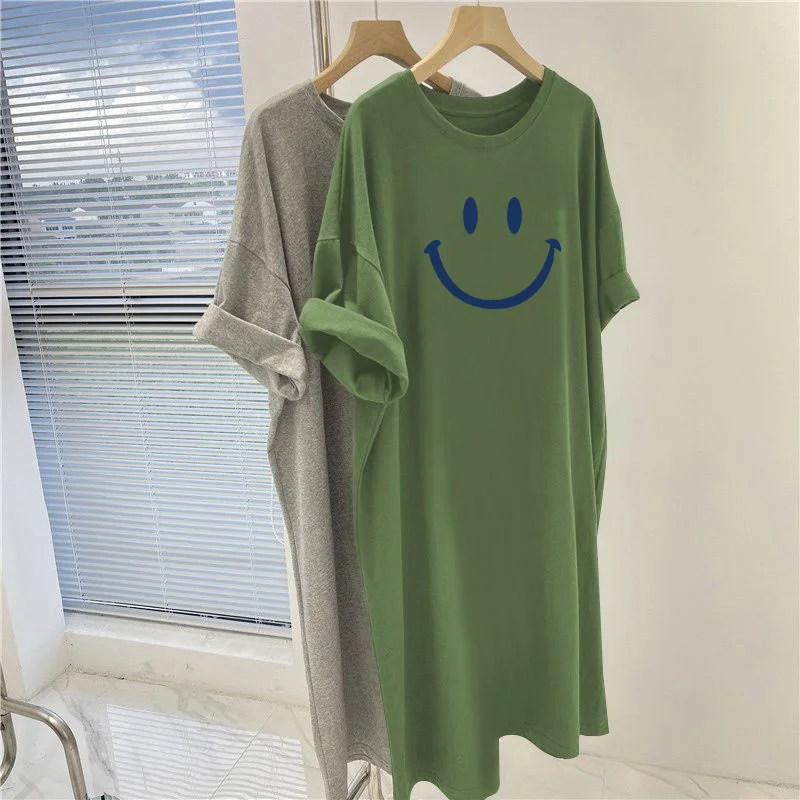 Summer O-neck Cartoon Printed Overknee Tunic, Fashion Basic Short Sleeve Pullovers Dresses, Women Clothing Loose Casual Dress