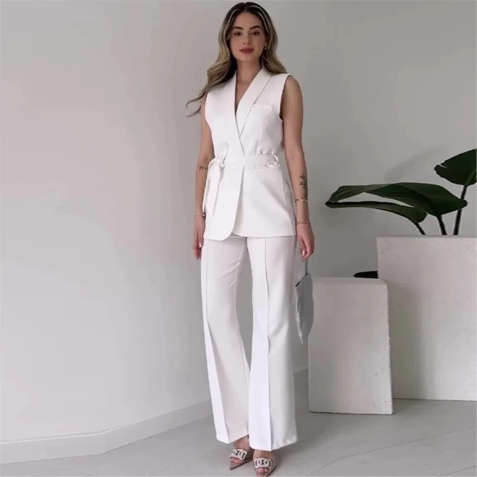 

Summer Sleeveless Trousers 2-piece Set Women's Fashion Slimming Cardigan Lace-up Set Female Office Suit Long Pants Set