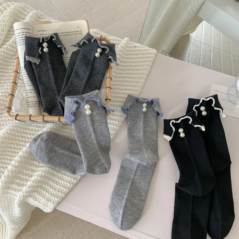 Women's Socks Korean Rolled Pearl Versatile Sweet Cute Lolita JK Kawaii Comfortable Breath High-quality Cotton Socks For Girl