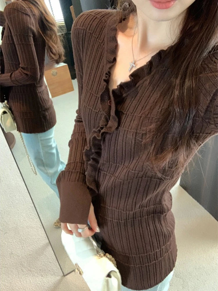 

2025 Korean Style T-shirt Women's Simple Sexy Ruffle Trim Cardigan Tops Y2k Slim Long Sleeve Tee Shirt Aesthetics Women Clothes