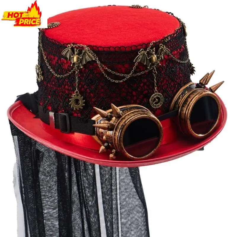 ゴーグル-シルクハット-ビクトリア朝の帽子-ハンドメイド-マジシャンの帽子-スチームパンク-ギアハット