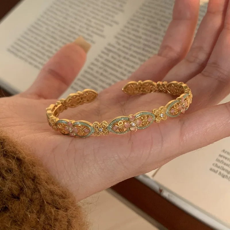 Antique gold craftsm enamel colorful flower bracelets for women  hollowed out Embossed design Court style bangles Hanfu jewelry