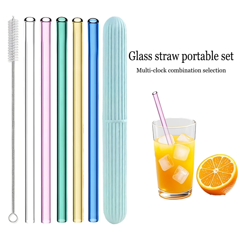 Juego de pajitas de vidrio reutilizables portátiles, pajitas coloridas de alto borosilicato con cepillo, 100% sin plástico, adecuadas para la mayoría de las tazas