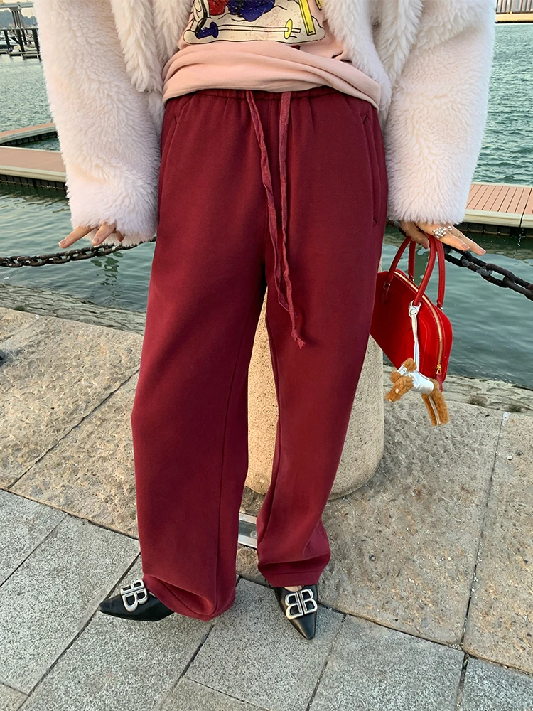 Pantalon décontracté doublé en Fce pour femme, taille élastique, jambes larges, ample, chaud, taille haute, mélange de coton, pour les déplacements