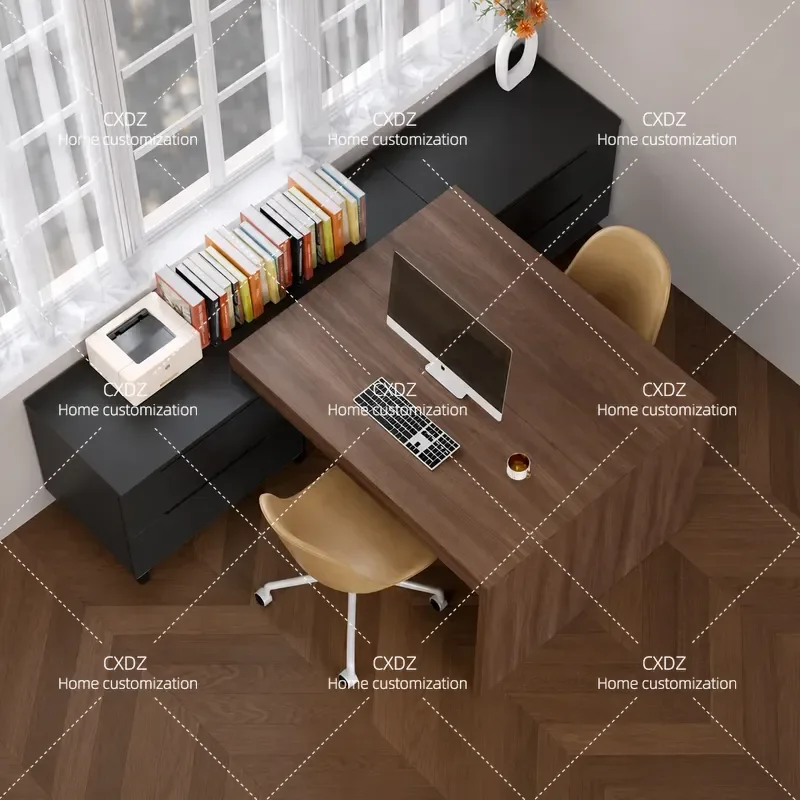 Modern Minimalist Corner Double Desk with File Cabinet Integrated Writing Study Table Solid Wood Computer Workstation for